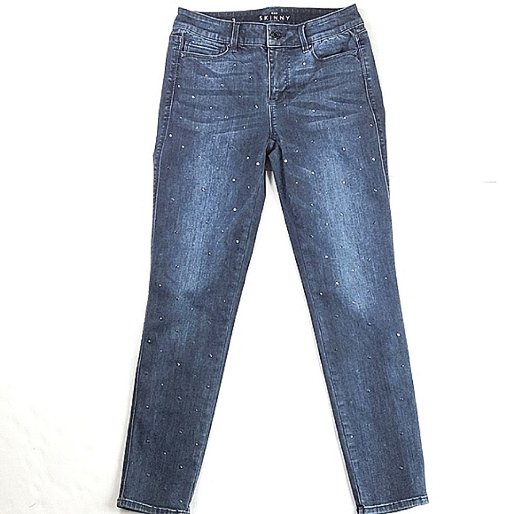 White House Black Market The Skinny Ankle Crystal Studded Dark Wash Je…